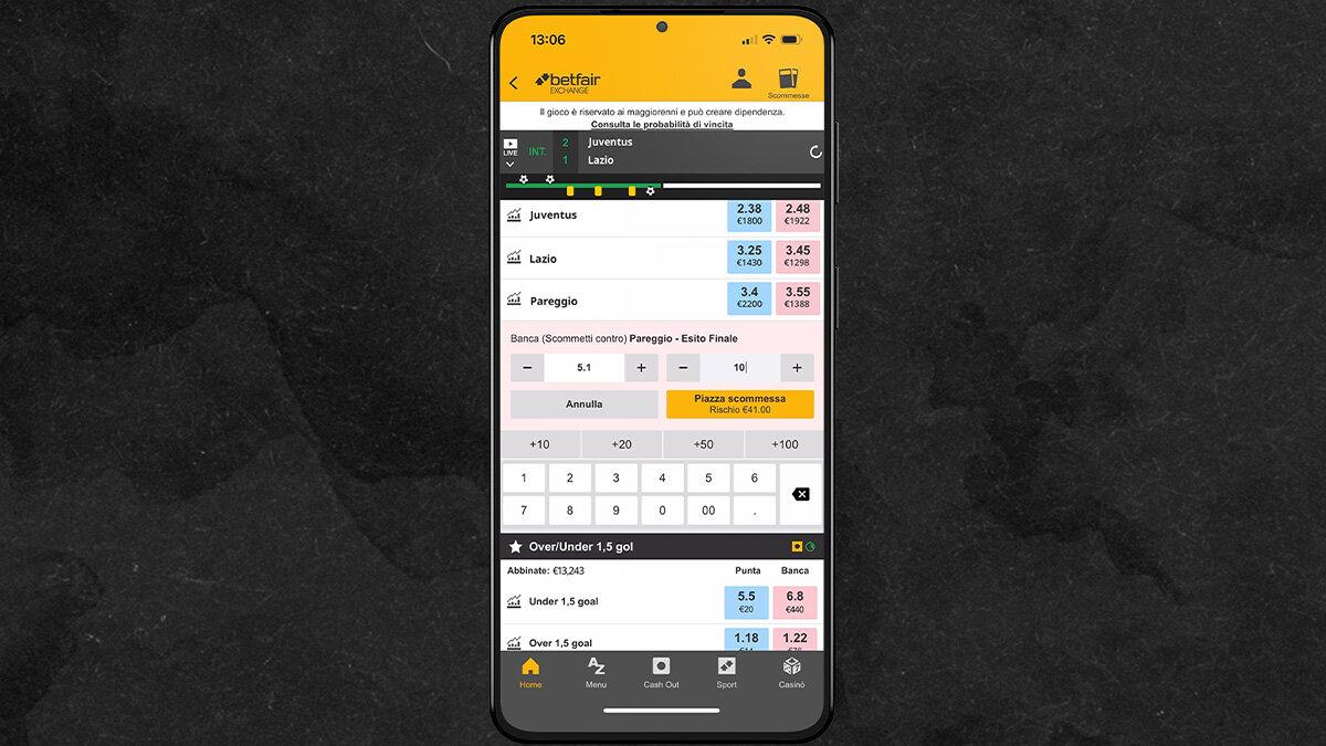 Come appaiono le quote nella schermata di gioco della app mobile di Betfair Exchange